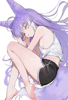 1girl absurdres ahoge bare_arms bare_shoulders barefoot black_shorts blush breasts closed_mouth commentary_request dolphin_shorts feet fetal_position foot_out_of_frame fox_girl fox_tail hair_horns highres korean_commentary legs long_hair lying multicolored_hair nbee_ya open_mouth purple_hair shirt short_sleeves shorts sleeping sleeveless small_breasts smile stellive tail tenko_shibuki thighs two-tone_hair very_long_hair virtual_youtuber white_hair white_shirt white_streaks