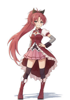 Rule 34 | 1girl, bow, commentary request, detached sleeves, dress, hair bow, hand on own hip, highres, long hair, looking at viewer, magical girl, mahou shoujo madoka magica, mahou shoujo madoka magica (anime), ponytail, purigetsu, red dress, red eyes, red hair, sakura kyoko, sakura kyoko (magical girl), smile, solo, thighhighs