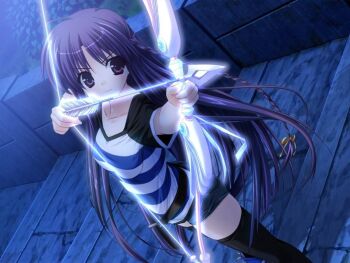 Rule 34 | 1girl, aiming, arrow (projectile), belt, bow (weapon), braid, breasts, clochette (company), game cg, higher resolution available, long hair, night, non-web source, outdoors, purple eyes, shintarou, shirt, short shorts, shorts, small breasts, solo, standing, striped clothes, striped shirt, tagme, thighhighs, tobari chisa, weapon