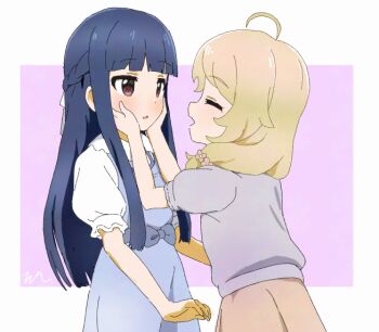 2girls :d aayh ahoge black_hair blue_dress blush braid brown_eyes brown_hair brown_skirt closed_eyes collared_shirt commentary_request dress facing_another grey_shirt hair_over_shoulder hands_on_another&#039;s_face idolmaster idolmaster_cinderella_girls idolmaster_cinderella_girls_u149 long_hair looking_at_another low_twintails multiple_girls open_mouth parted_lips pink_background puffy_short_sleeves puffy_sleeves sajo_yukimi shirt short_sleeves skirt sleeveless sleeveless_dress smile twintails two-tone_background very_long_hair white_background white_shirt yusa_kozue