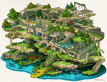 1boy abandoned absurdres animal blue_pants brown_background brown_hat brown_shoes bucket commentary_request dilapidated dolphin flood hat highres holding holding_bucket male_focus moss original overgrown pants plant post-apocalypse ruins shark shirt shoes signature solo stairs tokyogenso train vines water waterfall white_shirt