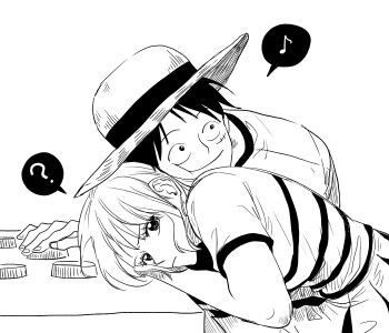 Rule 34 | 1boy, 1girl, ?, black hair, closed mouth, commentary request, facial scar, greyscale, hat, heads together, highres, korean commentary, leaning on person, listening, monkey d. luffy, monochrome, musical note, nami (one piece), one piece, one piece (live action), pleated skirt, safe (container), scar, scar on cheek, scar on face, seseasl, shirt, short hair, short sleeves, skirt, speech bubble, spoken musical note, spoken question mark, straw hat, upper body, white background