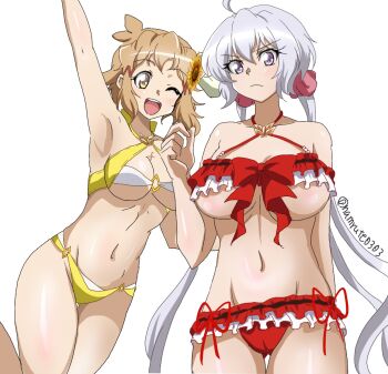 2girls ;o ahoge arm_up armpits bikini breasts brown_hair cameltoe commentary_request dolphin_wave flower hair_flower hair_ornament highres large_breasts long_hair medium_breasts multiple_girls namrute0303 navel official_alternate_costume one_eye_closed purple_eyes red_bikini senki_zesshou_symphogear short_hair simple_background stomach sunflower swimsuit tachibana_hibiki_(symphogear) thighs twitter_username underboob very_long_hair white_background white_hair yellow_bikini yellow_eyes yukine_chris
