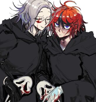 2boys ahoge aotsuki_eito black_hair blood blood_on_clothes blood_on_face blood_on_gloves blue_eyes closed_eyes closed_mouth cosplay crossover eyelashes ghostface ghostface_(cosplay) glasses hair_between_eyes holding holding_mask male_focus mask messy_hair multicolored_eyes multicolored_hair multiple_boys open_mouth parted_hair red_eyes red_hair scream_(movie) simple_background smile streaked_hair sumino_takumi the_hundred_line_-last_defense_academy- unworn_mask white_background white_hair