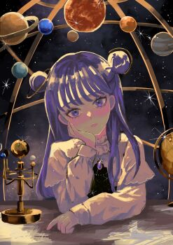 1girl blush commentary double_bun english_commentary globe hair_bun hair_ornament highres jupiter_(planet) long_hair looking_at_viewer mars_(planet) mercury_(planet) neptune_(planet) original planet planet_hair_ornament purple_eyes purple_hair saturn_(planet) sky solar_system solo star_(sky) starry_sky sun usagimarumei