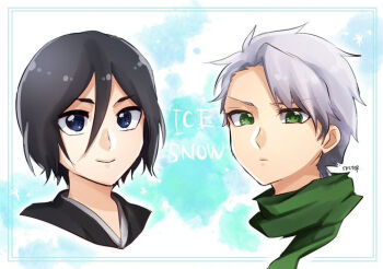 1046sstep_btoh 1boy 1girl black_hair bleach bleach:_sennen_kessen-hen blue_eyes commentary_request green_eyes green_scarf grey_hair hair_between_eyes hitsugaya_toushirou kuchiki_rukia scarf short_hair signature smile