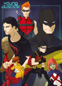 1girl 2girls 5boys aqua_lad arrow_(projectile) batman black_hair blonde_hair blue_eyes bruce_wayne cape colored_skin copyright_name crossed_arms dark_skin dc_comics dick_grayson domino_mask eye_mask freckles gills gloves goggles green_eyes green_skin highres kaldur'ahm kid_flash ladama long_hair mask miss_martian multiple_boys multiple_girls orange_hair quiver red_arrow robin_(dc) roy_harper s_shield sleeveless smile superboy tattoo wally_west young_justice:_invasion