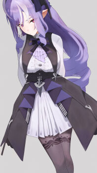 1girl 7neet absurdres arms_behind_back ascot breasts commentary dress drill_hair feet_out_of_frame grey_background highres large_breasts long_hair looking_at_viewer pantyhose pointy_ears purple_ascot purple_eyes purple_hair purple_pantyhose simple_background solo vivian_banshee white_dress zenless_zone_zero