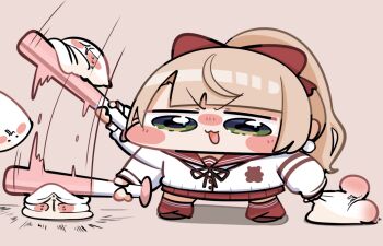 1girl angry baseball_bat blunt_bangs blush_stickers bow brown_hair cardigan chibi chibi_only commentary_request frown green_eyes hair_bow holding holding_baseball_bat indie_virtual_youtuber kakue_gaku marshmallow_(site) off-shoulder_shirt off_shoulder ponytail red_bow red_skirt red_socks school_uniform shigure_ui_(vtuber) shirt side_part skirt socks solo virtual_youtuber white_cardigan