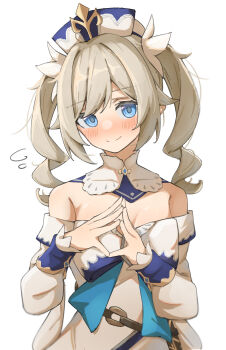 Rule 34 | 1girl, absurdres, barbara (genshin impact), bare shoulders, blonde hair, blue eyes, blush, breasts, cleavage, detached collar, dress, drill hair, genshin impact, hat, highres, long sleeves, looking at viewer, simple background, smile, solo, twin drills, twintails, upper body, white background, white dress, yuukun mk-ii
