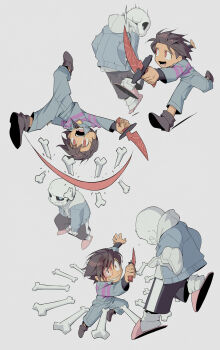 1boy 1other absurdres androgynous blood blood_from_forehead blood_on_face blue_jacket blue_pants blue_sweater bone brown_hair brown_shoes cutting duel floating floating_object frisk_(undertale) full_body highres holding holding_knife hood hooded_jacket jacket jumping knife multiple_views open_mouth outstretched_arm pants sanbel780308 sans_(undertale) shoes short_hair simple_background skeleton slippers sweater undertale utdr_(toby_fox) white_background