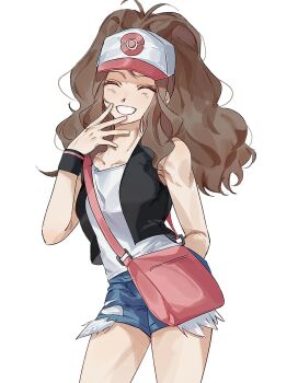 1girl baseball_cap brown_hair butayar5 closed_eyes collarbone denim denim_shorts exposed_pocket hat highres hilda_(pokemon) nintendo pokemon pokemon_bw pokemon_masters_ex shirt shorts simple_background sleeveless sleeveless_shirt smile solo white_background white_shirt