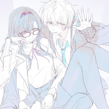 1boy 1girl alternate_costume aqua_necktie arknights arm_support bespectacled blush breasts cardigan chinese_commentary commentary_request doctor_(anime)_(arknights) doctor_(arknights) feet_out_of_frame glasses greyscale hair_between_eyes hair_over_shoulder hairband hand_on_own_cheek hand_on_own_face hetero highres interlocked_fingers jacket knees_up long_hair looking_at_viewer low_ponytail male_doctor_(arknights) medium_breasts monochrome neck_ribbon necktie open_cardigan open_clothes open_jacket pantyhose ponytail priestess_(arknights) purple_ribbon ribbon shirt sitting_between_legs skirt sleeves_past_wrists spot_color spread_fingers sweater sweater_tucked_in turtleneck turtleneck_sweater yomi_tamashi