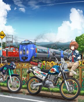 1girl absurdres black_boots blue_eyes blue_jacket blue_sky boots brown_hair brown_pants camera cargo_pants class_dd51 closed_mouth cloud cloudy_sky commentary contrail day flower highres holding holding_camera jacket long_sleeves mikeran_(mikelan) motor_vehicle motorcycle open_clothes open_jacket original outdoors pants red_shirt road_sign shirt short_hair sign sitting sky smile solo sunflower train video_camera