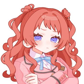 Rule 34 | 1girl, black trim, blazer, blue bow, blue bowtie, blush, bow, bowtie, breasts, brown hair, buttons, closed mouth, collared shirt, crossed arms, curly hair, double bun, eyes visible through hair, frown, gakuen idolmaster, gold buttons, hair bun, hair intakes, hanami saki, hashtag-only commentary, heart, highres, hitose rei, idolmaster, jacket, lapels, layered sleeves, long hair, long sleeves, looking at viewer, medium breasts, no nose, pink jacket, purple eyes, shirt, short bangs, sidelocks, simple background, solo, tareme, two side up, upper body, v-shaped eyebrows, watermark, white background, white shirt