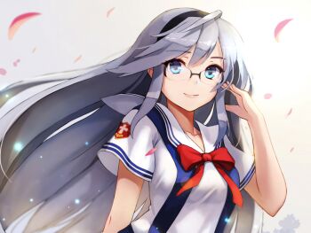 Rule 34 | 1girl, absurdres, ayameasato, bad id, black headband, blue eyes, bow, bowtie, clannad, glasses, grey hair, headband, highres, long hair, petals, red bow, red bowtie, sakagami tomoyo, school uniform, shirt, white background, white shirt