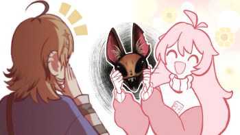 2girls absurdres ahoge buruhas closed_eyes darkness dooby ear_piercing highres holding holding_mask indie_virtual_youtuber long_hair mask mouse_mask multiple_girls mumble_(shachimu) piercing pink_hair smile sweater turtleneck turtleneck_sweater virtual_youtuber