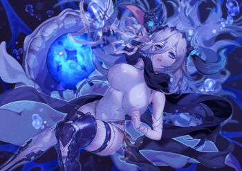 Rule 34 | 1girl, air bubble, animal ears, bandaged arm, bandages, bare shoulders, blue eyes, bodysuit, breasts, bubble, chaos zero nightmare, commentary request, covered navel, large breasts, long hair, long story short, monster, narja (chaos zero nightmare), open mouth, pale skin, skin tight, sleeveless, sleeveless bodysuit, teeth, thigh strap, underwater, white bodysuit, white hair