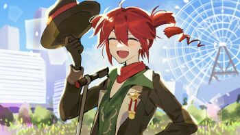 ahoge badge black_hair blue_sky blush building city closed_eyes day drill_hair ferris_wheel grass hair_between_eyes hat highres holding holding_unworn_clothes holding_unworn_hat kasane_teto long_hair open_mouth samsap shirt skirt sky tree twin_drills unworn_hat unworn_headwear upper_body utau