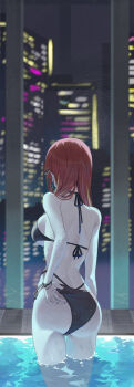 1girl absurdres adjusting_clothes adjusting_swimsuit akane_lize ass back bikini black_bikini breasts cityscape commentary cowboy_shot earrings eldaga from_behind hair_ornament hairclip highres jewelry large_breasts night pool red_hair sideboob solo standing stellive swimsuit wading water
