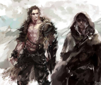 2boys brown_hair cape dark-skinned_male dark_elf dark_skin drizzt_do&#039;urden drow elf fantchi faux_traditional_media hon_(fantchi) mountain multiple_boys pointy_ears snow white_hair wulfgar