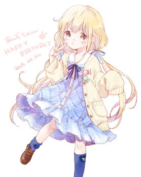1girl blonde_hair blue_dress blue_ribbon blue_socks blush brown_shoes cardigan contrast_collar dated dress foot_out_of_frame futaba_anzu happy_birthday highres idolmaster idolmaster_cinderella_girls long_hair looking_at_viewer nagi_mon neck_ribbon o3o ribbon sailor_collar shoes simple_background socks solo twintails very_long_hair w white_background white_sailor_collar yellow_cardigan