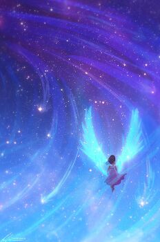 1girl artist_name blue_wings dress feathered_wings floating from_behind full_body glowing glowing_wings meteor_shower night night_sky original purple_dress scenery signature sky sleeveless sleeveless_dress solo star_(sky) starry_sky waistband wings zandra
