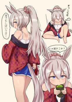 1girl absurdres alternate_costume animal_ears blue_eyes blue_shorts blush camisole closed_eyes clothing_cutout commentary_request cup frilled_camisole frills grey_hair hair_ornament hair_scrunchie highres holding holding_cup horse_ears horse_girl horse_tail jacket long_hair looking_at_viewer loungewear messy multiple_views parted_bangs pink_scrunchie ponytail red_jacket scrunchie shorts sidelocks spaghetti_strap tail tail_through_clothes tamamo_cross_(umamusume) teaclaw translation_request umamusume very_long_hair white_camisole yunomi