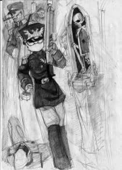 absurdres astra_militarum disney disney_princess drossel drossel_von_flugel eldar graphite_(medium) hammer highres mordian_iron_guard rabiscosepetiscos robot robot_girl traditional_media war_hammer warhammer_40k weapon
