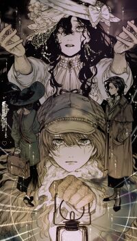 4girls :| ascot bag black_hair black_shoes black_skirt blue_coat boots bow brown_coat brown_gloves closed_mouth coat crying crying_with_eyes_open dark_background dress facing_away full_body gloves green_coat green_hat greta_hofmann grey_boots grey_hat gyujik_qzc hand_in_pocket hands_up hat hat_bow highres holding holding_bag holding_lantern isolde_(reverse:1999) kakania_(reverse:1999) lantern long_skirt looking_at_viewer low_ponytail marcus_(reverse:1999) mole mole_under_eye multiple_girls muted_color newsboy_cap parted_lips ponytail profile reverse:1999 scarf shoes skirt streaming_tears tears upper_body veil white_ascot white_bow white_dress white_gloves white_hat white_scarf white_veil yellow_gloves