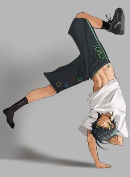 black_footwear black_hair black_shorts character_name circle closed_mouth cross didin_ed earrings genshin_impact green_hair grey_background hair_between_eyes highres jewelry kinich_(genshin_impact) looking_at_viewer male_focus midriff multicolored_hair navel shirt shoes short_hair shorts single_shoe sneakers spiked_ear_piercing square stomach tattoo triangle upper_body white_shirt yellow_eyes