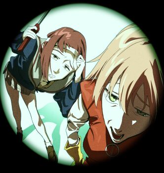 Rule 34 | 2girls, breasts, brown footwear, flcl, green eyes, hair between eyes, haruhara haruko, highres, medium breasts, multiple girls, open mouth, pink hair, pink punk ponk, red hair, sailor collar, samejima mamimi, shadow, skirt, socks, teeth, white socks