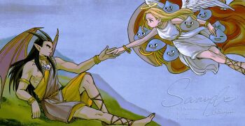 1boy 1girl angel_wings armlet bangle bare_shoulders barefoot black_hair blonde_hair blue_background bracelet breasts commentary creature demon_wings derivative_work dragon_quest dragon_quest_builders_2 dress earrings english_commentary feathered_wings female_builder_(dqb2) fine_art_parody floating gladiator_sandals hair_slicked_back halo highres holding_hands hoop_earrings jewelry long_hair medium_breasts mouyi necklace orange_robe outstretched_hand parody pointy_ears reclining robe sample_watermark sandals sidoh_(dqb2) sign skull_necklace slime_(dragon_quest) slime_(substance) the_creation_of_adam toga tooth_necklace watermark white_dress white_wings wings