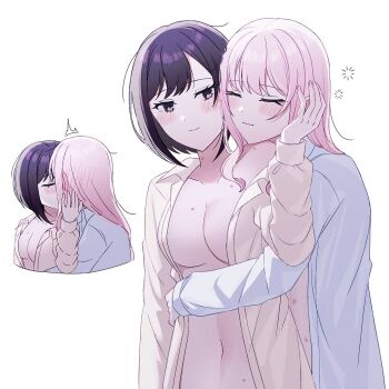 2girls akiyama_mizuki bite_mark bite_mark_on_neck blush breasts brown_eyes brown_hair highres kiss long_hair medium_breasts multiple_girls mutu_(25love) naked_shirt navel pink_hair project_sekai shinonome_ena shirt short_hair yuri