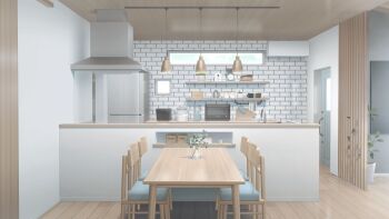 blender_(object) brick_wall chair coffee_pot commentary_request door hanging_light highres indoors kitchen mogumogu_(pixiv_88671558) no_humans original plant potted_plant refrigerator scenery shelf table toaster_oven wooden_floor