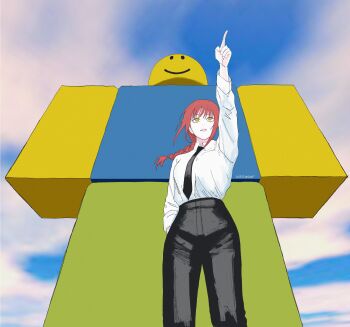 1girl absurdres black_necktie black_pants blue_sky breasts chainsaw_man cloud cloudy_sky collared_shirt commentary crossover day english_commentary formal_clothes from_below high-waist_pants highres large_breasts long_hair long_sleeves makima_(chainsaw_man) necktie noob_(roblox) pant_suit pants pointing red_hair ringed_eyes roblox shirt shirt_tucked_in signature sky suit virtuware white_shirt yellow_eyes