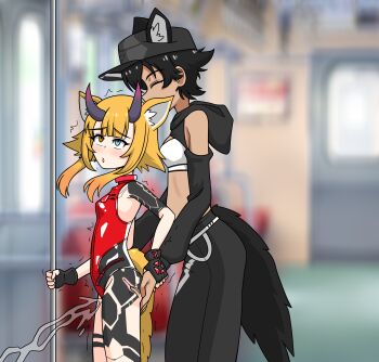 2girls ^^^ ^_^ absurdres ahegao anal_fingering animal_ears breasts choker closed_eyes clothing_aside collar commission cropped_hoodie deuman female_ejaculation fingering fingerless_gloves fox_ears fox_girl fox_tail gloves grabbing_another&#039;s_ass grabbing_from_behind groping heterochromia highleg highleg_leotard highres holding_another&#039;s_wrist hood hoodie horns leotard loli looking_back macey molestation multiple_girls older_female_and_younger_female one-piece_swimsuit pants phantasy_star phantasy_star_online_2 public_indecency pussy_juice rolling_eyes sarayah size_difference small_breasts sports_bra sweatpants swimsuit tail tattoo tomboy train train_interior wolf_ears wolf_girl wolf_tail x-ray yiku1707 yuri