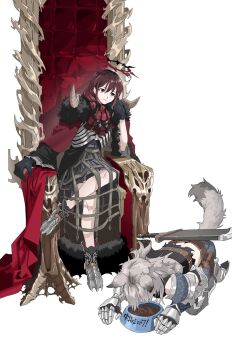 2girls animal_ears armored_boots belt black_gloves boots brooch cape closed_mouth commentary_request crinoline feral_instincts girls_band_cry girls_band_cry_rpg gloves grey_hair halo highres iseri_nina jewelry kawaragi_momoka kemonomimi_mode korean_commentary maldaliza0818 multiple_girls red_cape red_eyes red_hair short_twintails simple_background sitting sword sword_on_back tail throne twintails weapon weapon_on_back white_background wolf_ears wolf_girl wolf_tail