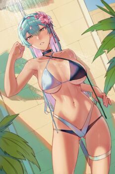 1girl bikini black_bikini commentary cowboy_shot dangodes english_commentary flower green_hair hair_flower hair_ornament highres kawashima_misato long_hair multicolored_bikini multicolored_hair original pink_hair shower_(place) showering solo swimsuit two-tone_bikini two-tone_hair white_bikini yellow_eyes