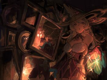 1girl alice_(genshin_impact) blonde_hair breasts cleavage detached_collar detached_sleeves different_reflection dress gem genshin_impact gloves heart-shaped_gem highres long_hair magic medium_breasts mirror parted_lips pointy_ears red_gloves reflection solo sparkle strapless strapless_dress suzuri_2449 witch