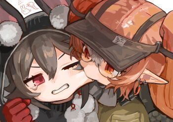 2girls absurdres animal_ear_fluff animal_ears arknights biting biting_cheek black_hood brown_hat caper_(arknights) clenched_teeth commentary_request dido_(di_do_di_do) fangs glasses grey_hair hat highres hood hood_up long_hair mole mole_under_eye multiple_girls one_eye_closed orange_eyes orange_hair pointy_ears portrait rabbit_ears rabbit_girl red_eyes round_eyewear semi-rimless_eyewear tearing_up teeth twintails under-rim_eyewear visor_cap wulfenite_(arknights)