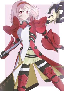 1girl alternate_costume armor braid fire_emblem fire_emblem_engage grey_hairband hairband highres holding holding_polearm holding_weapon kojikoji_(kojikoji_illust) lapis_(fire_emblem) nintendo pink_eyes pink_hair polearm red_armor red_hairband ribbon side_braid two-tone_hairband weapon white_ribbon