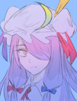 1girl aqua_background crescent crescent_hat_ornament hat hat_ornament highres long_hair mob_cap one_eye_covered patchouli_knowledge portrait purple_eyes quatro10257041 solo touhou