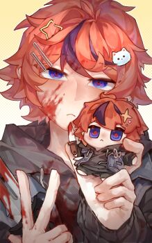 1boy :< absurdres black_hoodie black_streaks blood blood_on_clothes blood_on_face bloody_knife blue_eyes character_doll chinese_commentary combat_knife commentary_request doll gradient_background hair_ornament hairpin highres holding holding_knife holding_stuffed_toy hood hoodie jacket jacket_over_hoodie knife male_focus multicolored_hair multiple_hairpins red_hair short_hair solo streaked_hair stuffed_animal stuffed_toy sumino_takumi the_hundred_line_-last_defense_academy- two-tone_background two-tone_hair upper_body v waiaaaaaaa weapon white_background yellow_background