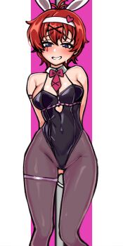 1girl animal_ears arms_behind_back black_leotard blush bow bowtie breasts brown_pantyhose clothing_cutout covered_navel cutout_above_navel detached_collar grin hair_ornament hairband heart heart_cutout heart_hair_ornament highres idolmaster idolmaster_million_live! julia_(idolmaster) leotard looking_at_viewer necktie pantyhose pink_background playboy_bunny pole rabbit_ears rabbit_hole_(vocaloid) red_bow red_bowtie red_hair red_necktie red_pupils short_hair simple_background smile solo standing stripper_pole teardrop_facial_mark white_background white_hairband yahankkwo