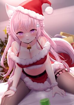 Rule 34 | 1girl, 2023, animal ear fluff, animal ears, antenna hair, bell, bikini, black choker, black pantyhose, blush, bra, braid, braided bun, breasts, choker, christmas, christmas tree, clothing aside, commentary, crown braid, drooling, egg vibrator, fur-trimmed bikini, fur-trimmed headwear, fur trim, hair bun, hair ornament, hakui koyori, hat, heart, heart-shaped pupils, hexagon, hexagon hair ornament, highres, hololive, kneeling, large breasts, leaning forward, licking lips, long hair, looking at viewer, motion lines, neck bell, necktie, nipples, panties, pantyhose, pink hair, pink necktie, pink tail, purple eyes, red bikini, saliva, santa bikini, santa costume, santa hat, sex toy, smile, solo, swimsuit, symbol-shaped pupils, tail, tongue, tongue out, torn clothes, torn pantyhose, underwear, vibrator, vibrator cord, vibrator in thigh strap, virtual youtuber, white clover (unfy8472), wolf ears, wolf girl, wolf tail, wristband