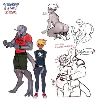 2boys androgynous big_belly black_shorts blonde_hair colored_skin cum_inflation english_text grey_skin highres inflation mindflayer monster_boy multiple_boys muscular muscular_male navel octopus_boy oppai_hoodie original shoes shorts simple_background skull_belt sneakers tan tentacles toxxy trap white_background yaoi