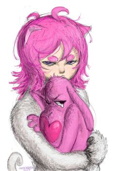 1girl animal_ears artist_name cat_ears cat_girl cat_tail cathchicken claws closed_mouth commentary dog english_commentary glaring highres hug looking_at_viewer lovehound_(telegram) medium_hair nekochan_(telegram) pink_fur pink_hair purple_hair tail tearing_up telegram white_fur