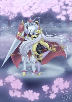 Rule 34 | 1boy, 1girl, absurdres, arm up, armor, ass, belt, black bodysuit, black gloves, bodysuit, cape, cherry blossoms, closed mouth, commentary request, couple, covered eyes, detached sleeves, digimon, digimon (creature), digital hazard, dukemon, facial mark, falling petals, fox mask, full armor, full body, gloves, grey hair, helmet, hetero, high heels, highres, holding, holding polearm, holding staff, holding weapon, knight, lance, leg warmers, long hair, looking at another, low-tied long hair, low twintails, mask, murasaki inori, outdoors, petals, polearm, purple lips, purple sleeves, red cape, ripples, sakuyamon, shoes, shoulder armor, signature, staff, standing, standing on one leg, stirrup legwear, toeless legwear, twintails, twitter username, very long hair, water, weapon, white armor, yellow armor, yellow eyes, yellow mask, yellow shoes, yin yang, yin yang print