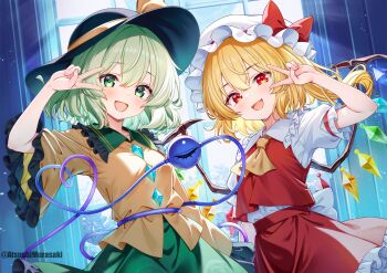 Rule 34 | 2girls, ascot, back bow, black hat, blonde hair, blush, bow, buttons, collared shirt, commentary request, crystal, crystal wings, diamond button, eyeball, flandre scarlet, floral print, frilled shirt collar, frilled skirt, frilled sleeves, frills, green eyes, green hair, green skirt, hat, hat ribbon, heart, heart of string, highres, komeiji koishi, long sleeves, looking at viewer, mob cap, multicolored wings, multiple girls, murasaki atsushi, one side up, print skirt, puffy short sleeves, puffy sleeves, red eyes, red skirt, red vest, ribbon, rose print, shirt, short sleeves, skirt, skirt set, third eye, touhou, twitter username, v, vest, white bow, white hat, wide sleeves, wings, yellow ascot, yellow bow, yellow ribbon, yellow shirt